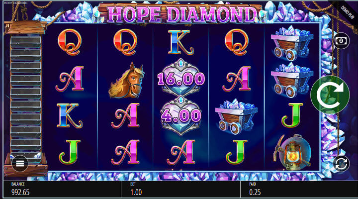 Tela mostrando vit&oacute;ria no jogo de slot Hope Diamond